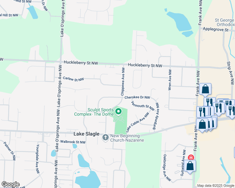 map of restaurants, bars, coffee shops, grocery stores, and more near 5575 Cherokee Drive Northwest in North Canton