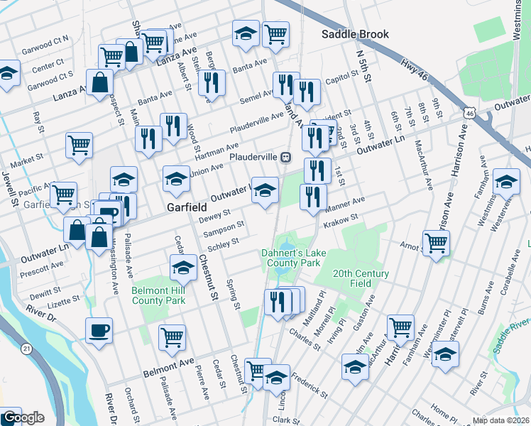 map of restaurants, bars, coffee shops, grocery stores, and more near 164 Dewey Street in Garfield