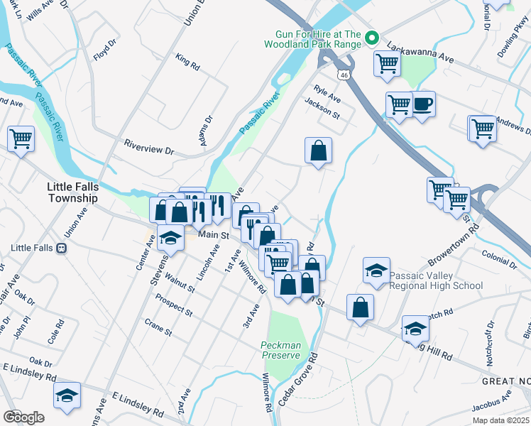 map of restaurants, bars, coffee shops, grocery stores, and more near 55 Van Ness Avenue in Little Falls Township