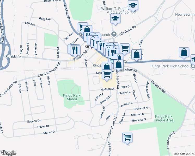 map of restaurants, bars, coffee shops, grocery stores, and more near 33 Indian Trce in Kings Park