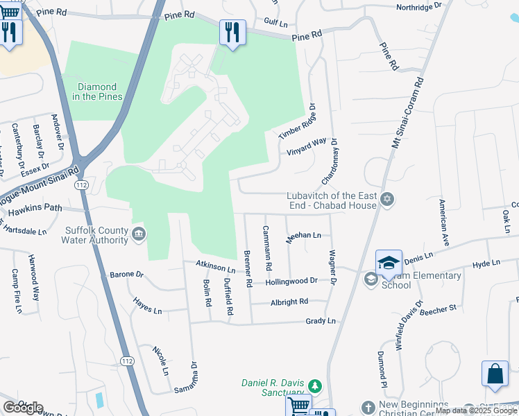 map of restaurants, bars, coffee shops, grocery stores, and more near 69 Chardonnay Drive in Coram
