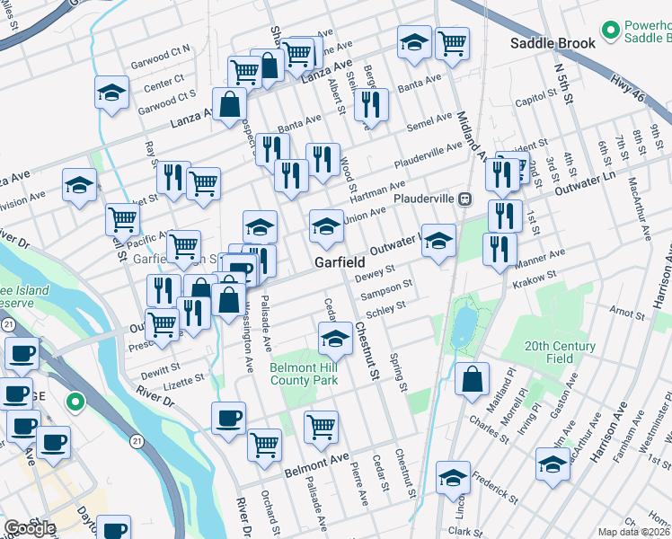 map of restaurants, bars, coffee shops, grocery stores, and more near 222 Outwater Lane in Garfield