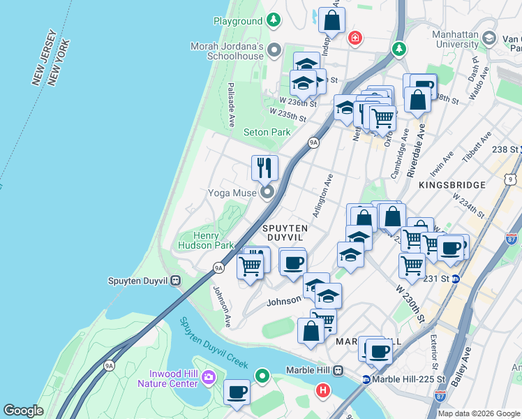 map of restaurants, bars, coffee shops, grocery stores, and more near 2727 Henry Hudson Parkway West in The Bronx