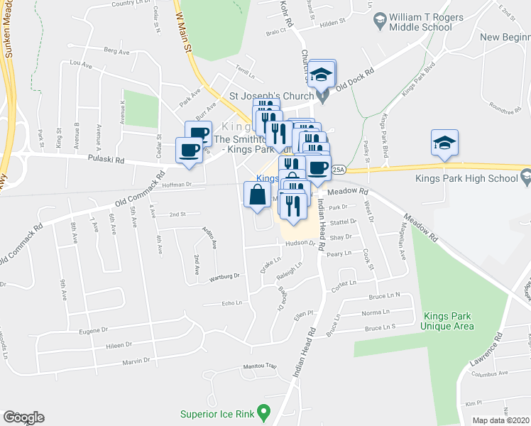 map of restaurants, bars, coffee shops, grocery stores, and more near 33 Indian Trce in Kings Park