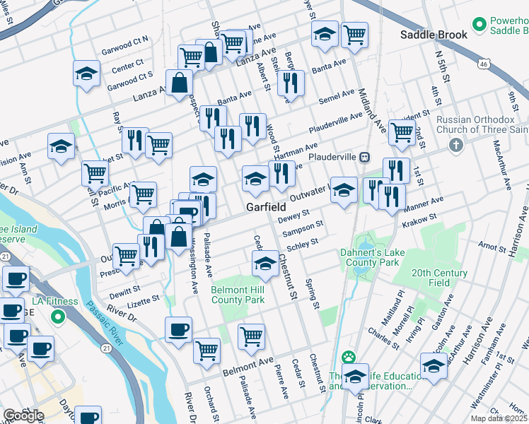 map of restaurants, bars, coffee shops, grocery stores, and more near in Garfield