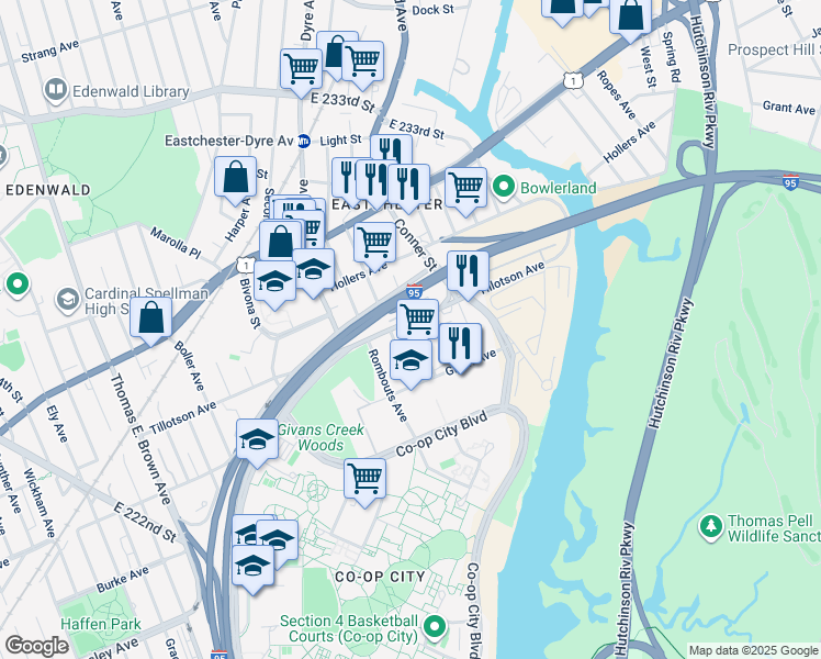 map of restaurants, bars, coffee shops, grocery stores, and more near 2274 Tillotson Avenue in Bronx
