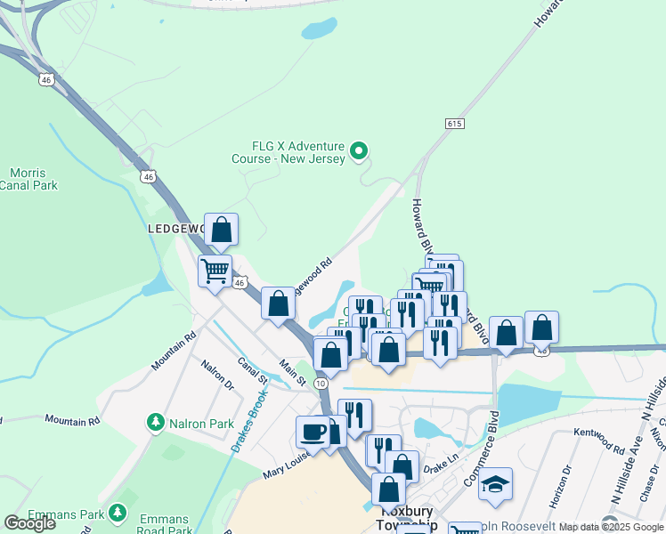 map of restaurants, bars, coffee shops, grocery stores, and more near 34 Mount Arlington Road in Roxbury Township