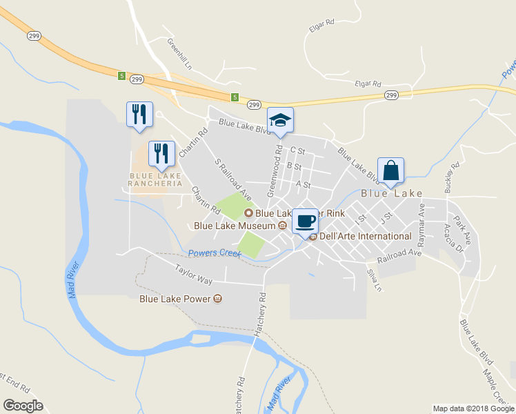 map of restaurants, bars, coffee shops, grocery stores, and more near 310 South Railroad Avenue in Blue Lake