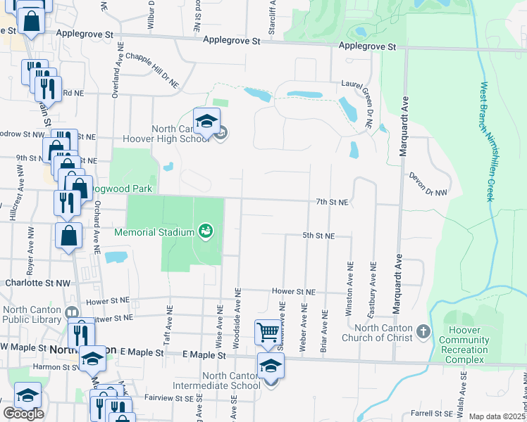 map of restaurants, bars, coffee shops, grocery stores, and more near 831 6th Street Northeast in North Canton