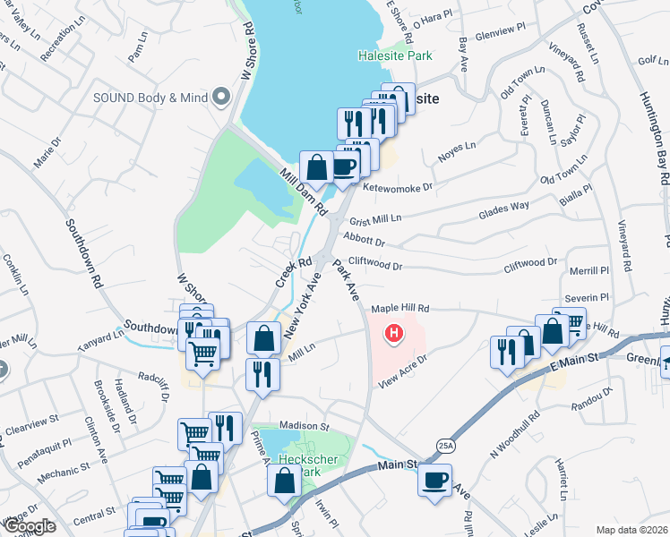 map of restaurants, bars, coffee shops, grocery stores, and more near 187 Park Avenue in Halesite