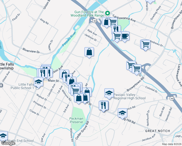 map of restaurants, bars, coffee shops, grocery stores, and more near 79 Turnberry Road in Little Falls