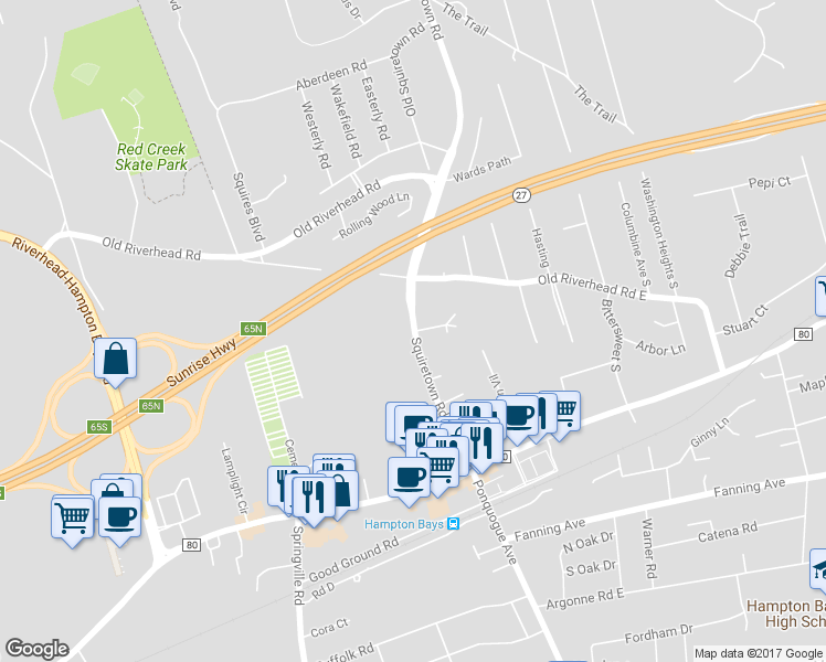 map of restaurants, bars, coffee shops, grocery stores, and more near 33 Squiretown Road in Hampton Bays