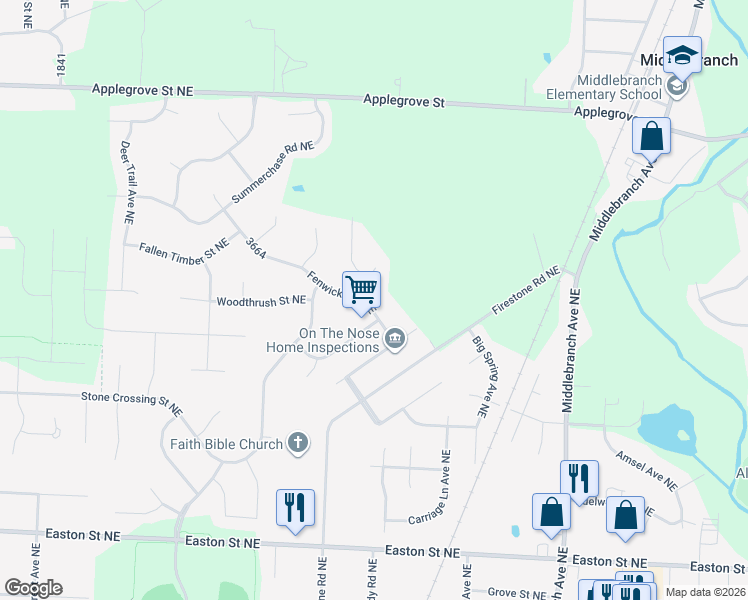 map of restaurants, bars, coffee shops, grocery stores, and more near 6910 Fenwick Avenue Northeast in Canton
