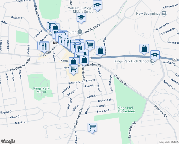 map of restaurants, bars, coffee shops, grocery stores, and more near 18 Park Drive in Kings Park