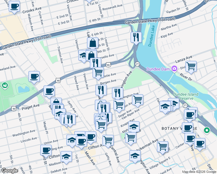 map of restaurants, bars, coffee shops, grocery stores, and more near 49 Bergen Avenue in Clifton