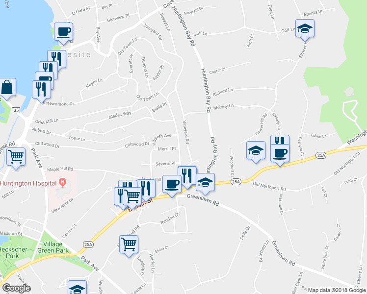 map of restaurants, bars, coffee shops, grocery stores, and more near 56 Fort Hill Road in Halesite