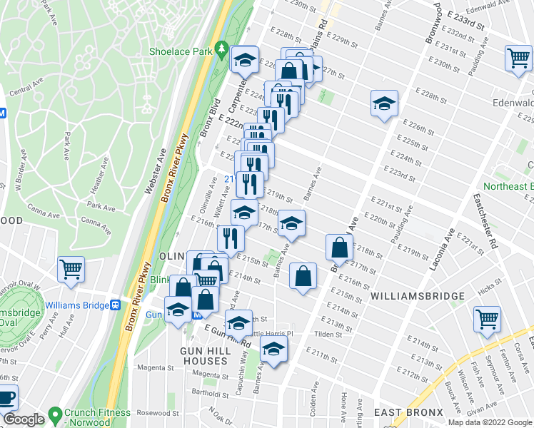 map of restaurants, bars, coffee shops, grocery stores, and more near 743 East 218th Street in Bronx