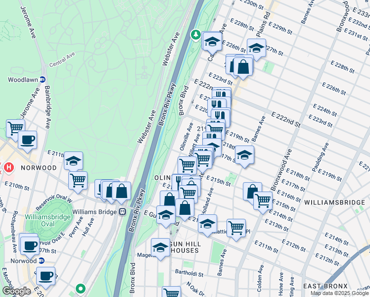 map of restaurants, bars, coffee shops, grocery stores, and more near 3719 Olinville Avenue in The Bronx