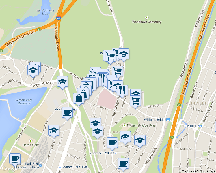 map of restaurants, bars, coffee shops, grocery stores, and more near 3525 Rochambeau Avenue in Bronx