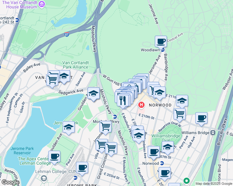 map of restaurants, bars, coffee shops, grocery stores, and more near in The Bronx