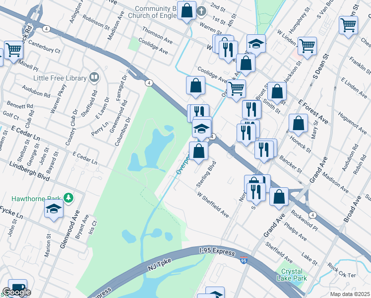 map of restaurants, bars, coffee shops, grocery stores, and more near 1409 Windsor Park Court in Englewood