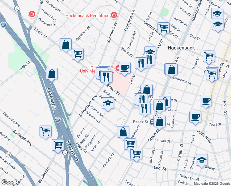 map of restaurants, bars, coffee shops, grocery stores, and more near 307 Essex Street in Hackensack