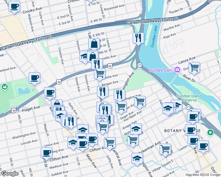 map of restaurants, bars, coffee shops, grocery stores, and more near 49 Bergen Avenue in Clifton