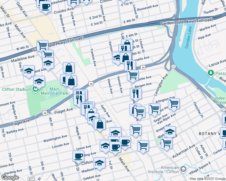 map of restaurants, bars, coffee shops, grocery stores, and more near 27 Howd Avenue in Clifton