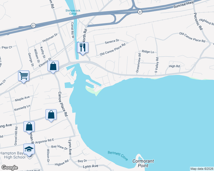 map of restaurants, bars, coffee shops, grocery stores, and more near 1 Mohawk Road in Hampton Bays