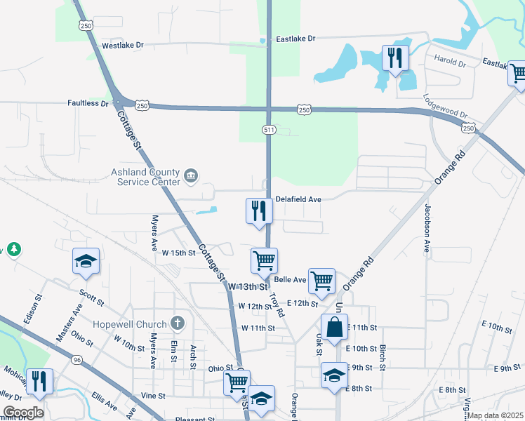 map of restaurants, bars, coffee shops, grocery stores, and more near 1462 Troy Road in Ashland