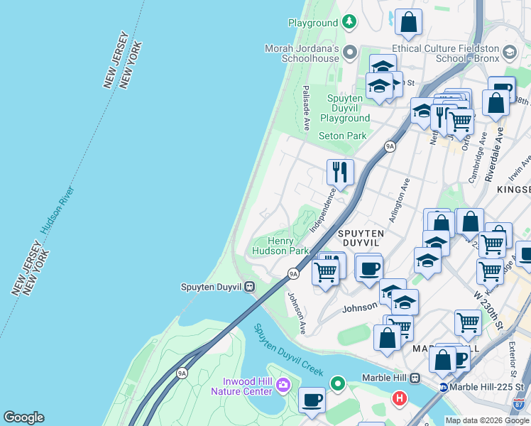 map of restaurants, bars, coffee shops, grocery stores, and more near 2621 Palisade Avenue in Bronx