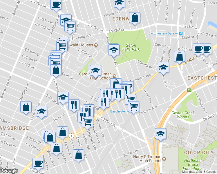 map of restaurants, bars, coffee shops, grocery stores, and more near in The Bronx