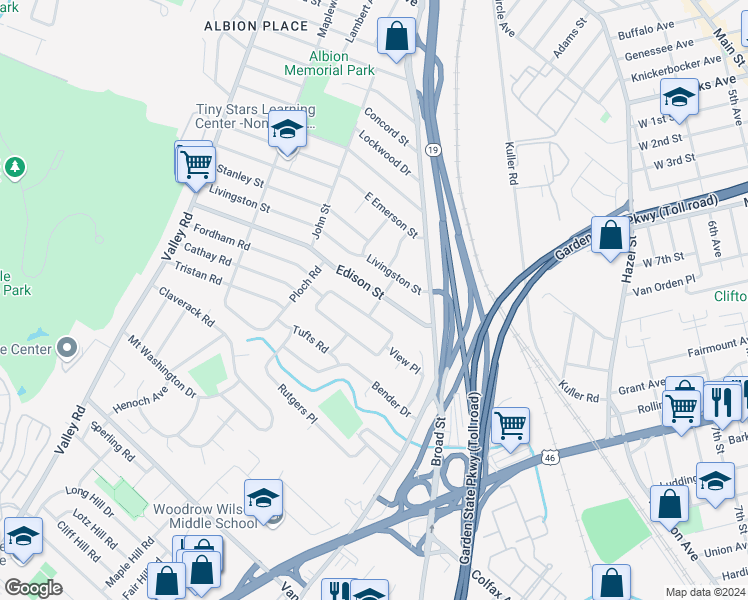 map of restaurants, bars, coffee shops, grocery stores, and more near 61 Bart Place in Clifton