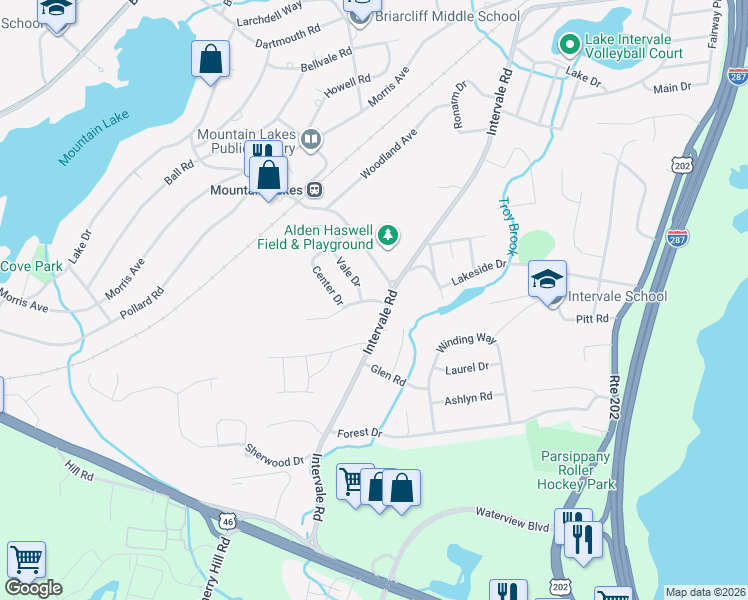map of restaurants, bars, coffee shops, grocery stores, and more near 17 Vale Drive in Mountain Lakes