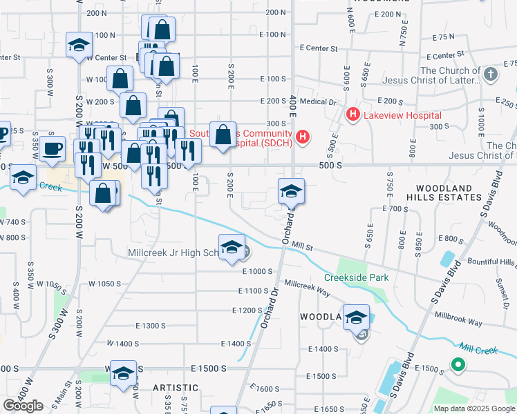map of restaurants, bars, coffee shops, grocery stores, and more near 283 Peach Lane in Bountiful