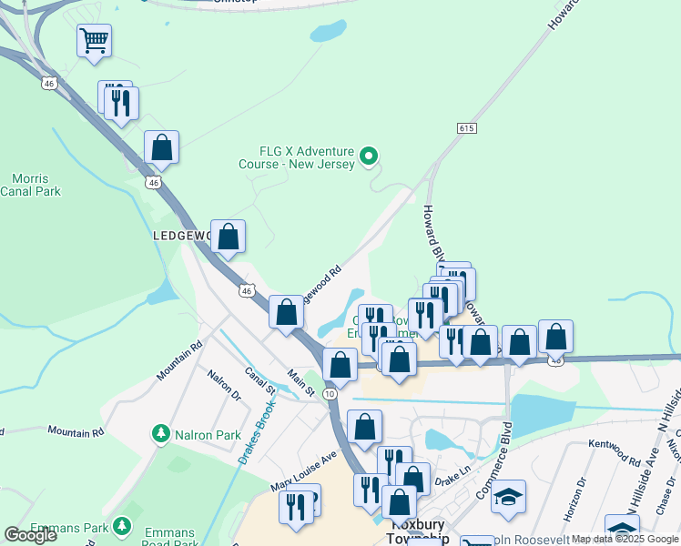 map of restaurants, bars, coffee shops, grocery stores, and more near 34 Mount Arlington Road in Roxbury Township