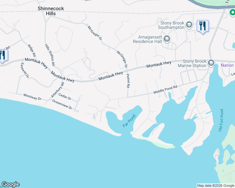 map of restaurants, bars, coffee shops, grocery stores, and more near 135 Middle Pond Road in Southampton
