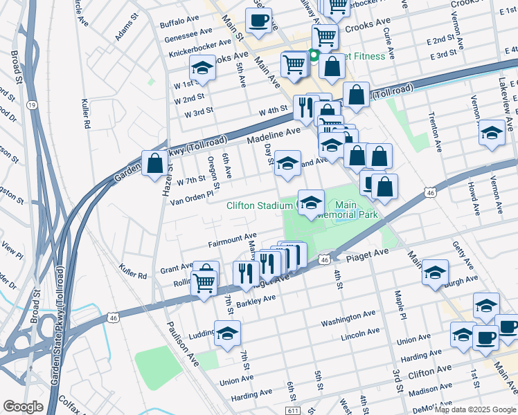map of restaurants, bars, coffee shops, grocery stores, and more near 100 Marilyn Place in Clifton