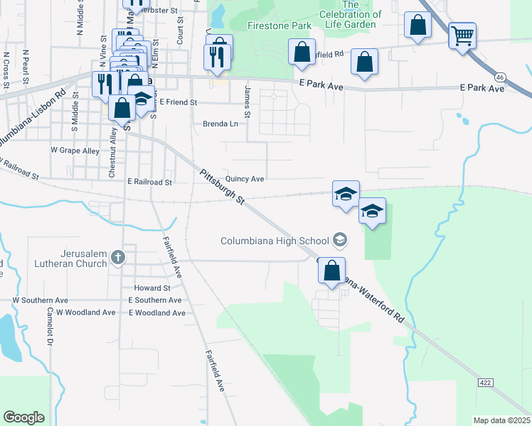 map of restaurants, bars, coffee shops, grocery stores, and more near 540 Pittsburgh Street in Columbiana