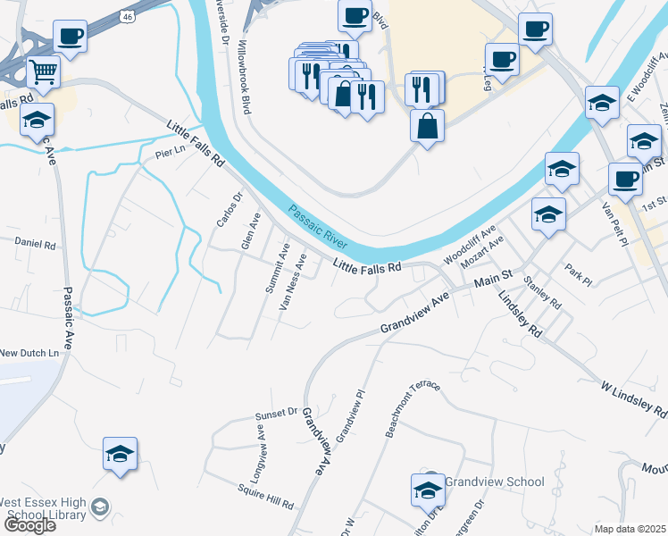 map of restaurants, bars, coffee shops, grocery stores, and more near 248 Little Falls Road in Fairfield