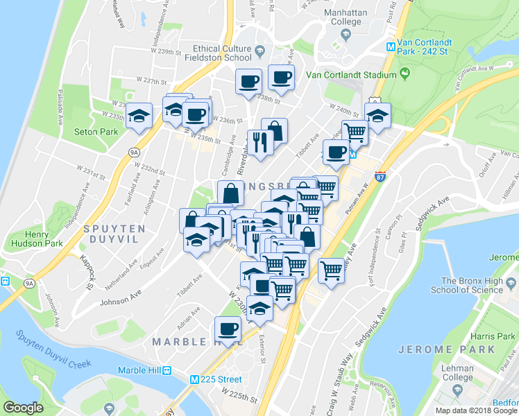 map of restaurants, bars, coffee shops, grocery stores, and more near 3228 Tibbett Avenue in Bronx
