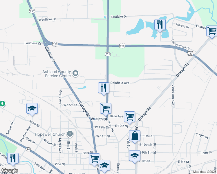 map of restaurants, bars, coffee shops, grocery stores, and more near 1491 Troy Road in Ashland