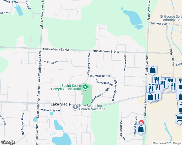 map of restaurants, bars, coffee shops, grocery stores, and more near 5575 Cherokee Drive Northwest in North Canton