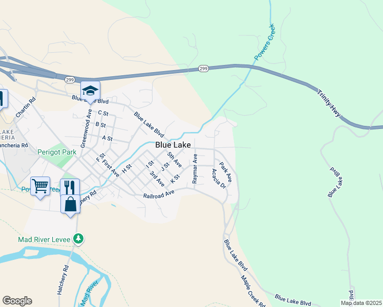 map of restaurants, bars, coffee shops, grocery stores, and more near 103 Raymar Avenue in Blue Lake