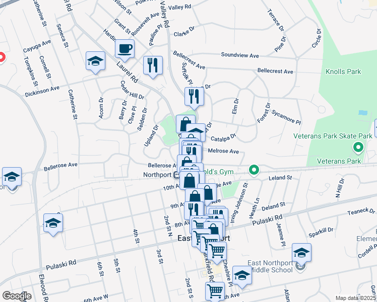 map of restaurants, bars, coffee shops, grocery stores, and more near 124 Laurel Road in East Northport