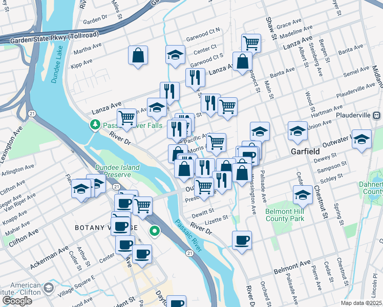 map of restaurants, bars, coffee shops, grocery stores, and more near 66 Morris Avenue in Garfield