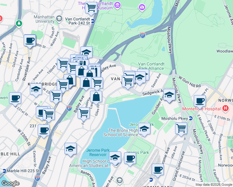 map of restaurants, bars, coffee shops, grocery stores, and more near 3850 Sedgwick Avenue in The Bronx