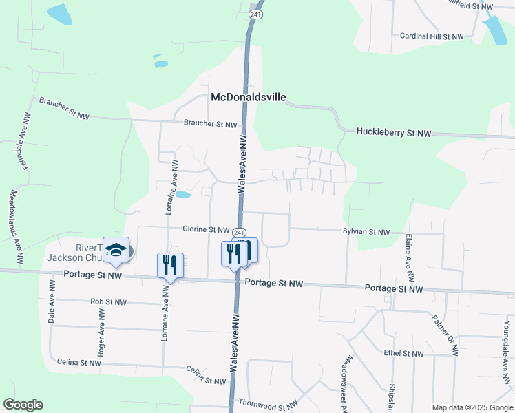 map of restaurants, bars, coffee shops, grocery stores, and more near 6957 Nancy Jo Street Northwest in North Canton