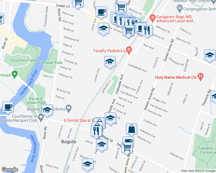 map of restaurants, bars, coffee shops, grocery stores, and more near in Teaneck