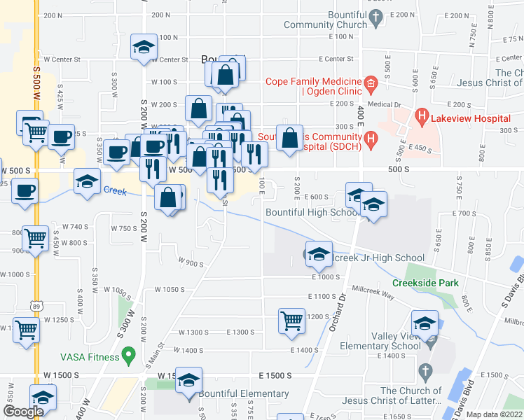 map of restaurants, bars, coffee shops, grocery stores, and more near 610 100 East in Bountiful